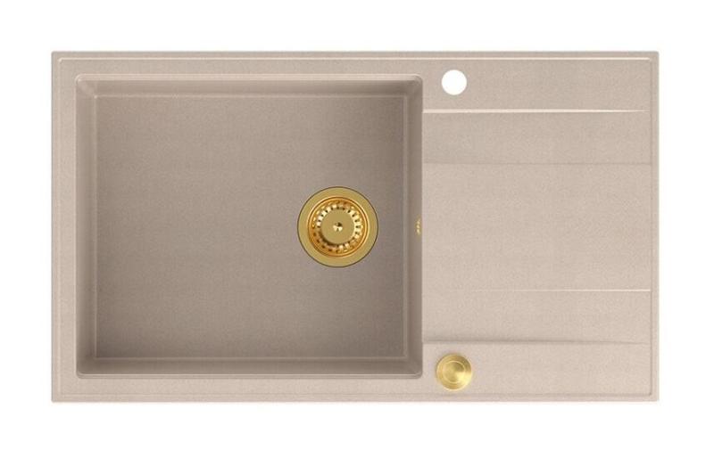 Quadri Luton pearl beige granite large built-in sink with draining board reversible 86x50cm with gold plug 1208971774