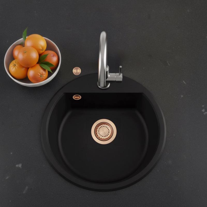 GraniteMy Bremen round granite sink 43 cm black, top mount and undermount, with tap hole bank and automatic copper plug 1208971838