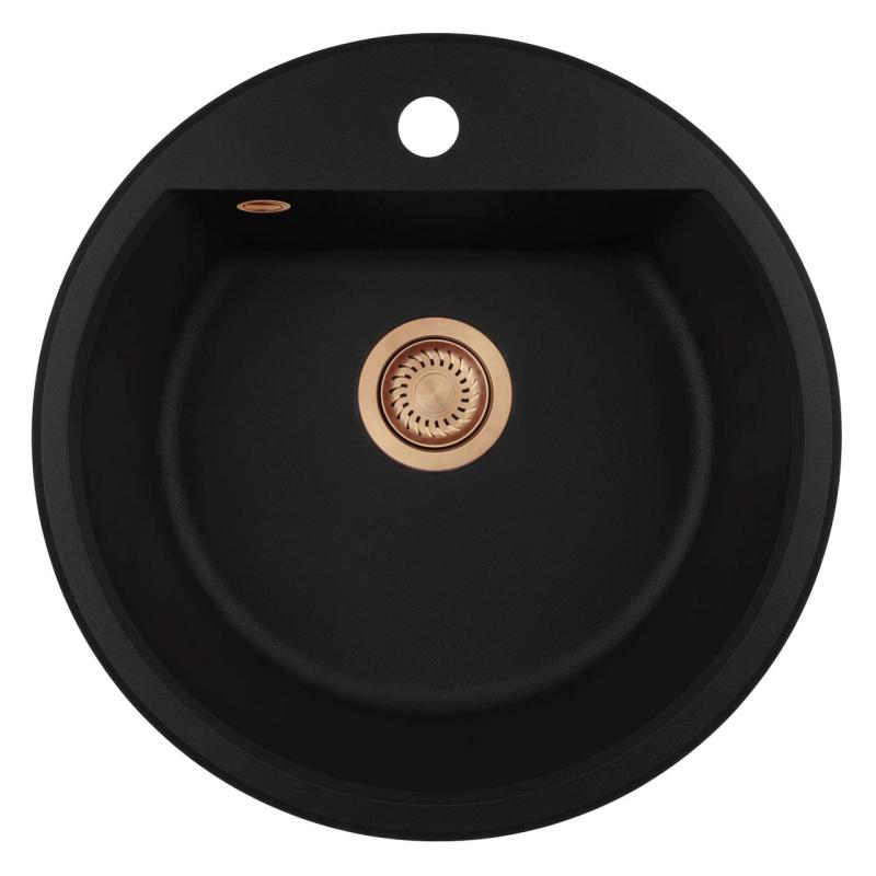 GraniteMy Bremen round granite sink 43 cm black, top mount and undermount, with tap hole bank and automatic copper plug 1208971838