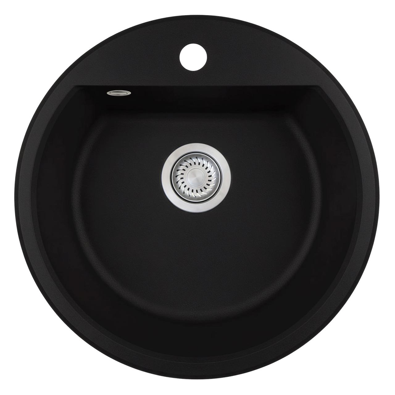 GraniteMy Bremen round granite sink 43 cm black, top-mount and undermount, with faucet hole bench and automatic stainless steel plug 1208971840