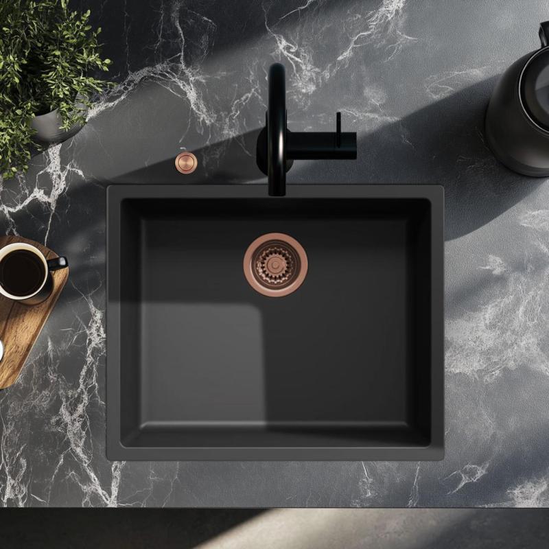 Ausmann Fibre black sink 50x40cm undermount, topmount and flushmount with automatic copper plug 1208971858