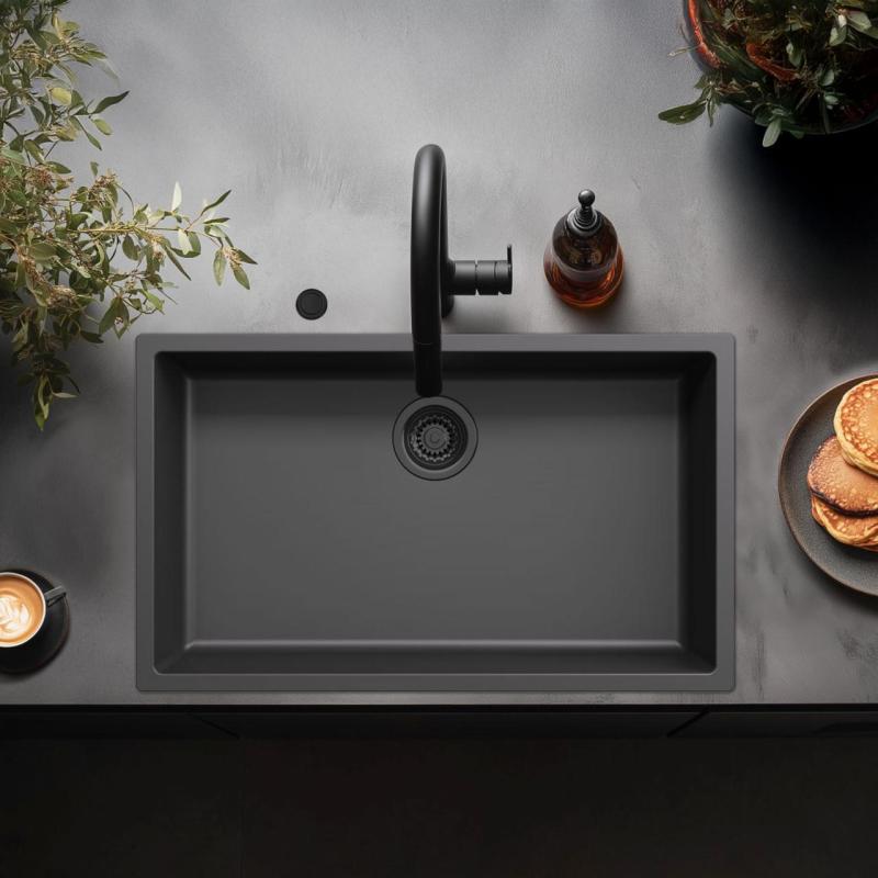 Ausmann Fibre black large sink 70x40cm undermount, topmount and flushmount with automatic black plug 1208971862