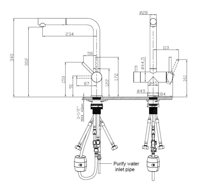 Pure.Sink Elite Steel Clear-S PVD brushed gold 3-way Kitchen Faucet with Pull-out Spout and Filtered Water PS8120-60