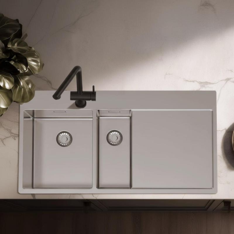 Pure.Sink Exclusivo Stainless steel 1.5 sink with draining board 100x52 cm Tapwing left PEX3418100LT-02