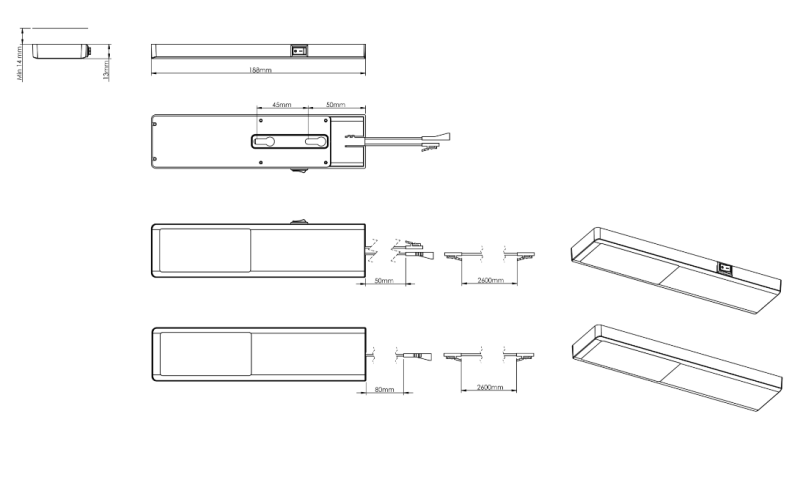 Indux Nivo Kitchen surface-mounted LED set 3x3 W with central switch, aluminum look 1208972334