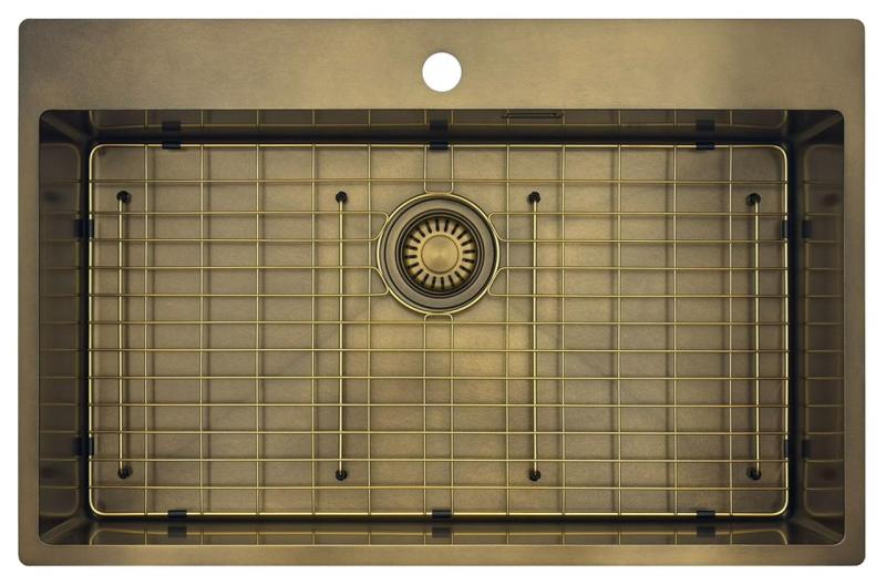 Pure.Sink Luxion Large PVD Antique Bronze sink 78x50 cm Tapwing with tap hole bench and bottom rack PLX7850T-64