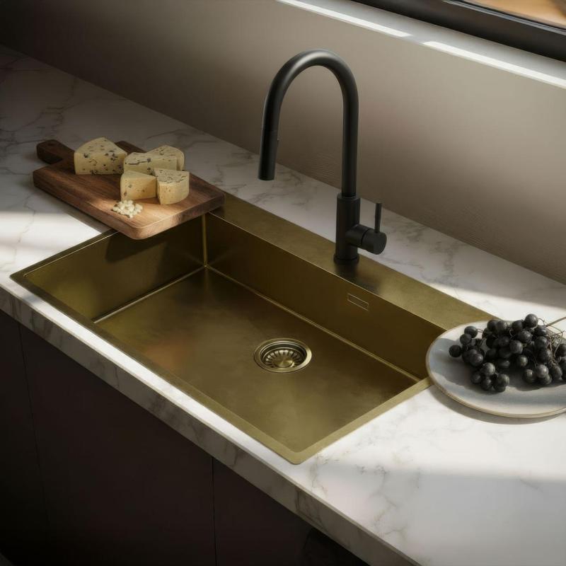 Pure.Sink Luxion Large PVD Antique Bronze sink 78x50 cm Tapwing with tap hole bench and bottom rack PLX7850T-64
