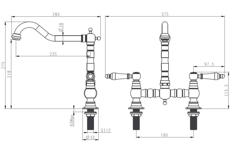 Aquanello Heritage Manor Classic Kitchen Nostalgic Bridge Kitchen Faucet, Bronze with White Handle BN-0010-HM