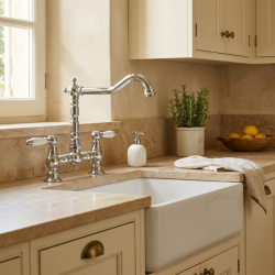 Aquanello Heritage Manor Classic Kitchen Nostalgic Bridge Kitchen Faucet Chrome with White Handle CR-0010-HM