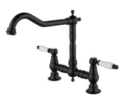 Aquanello Heritage Manor Classic Kitchen Nostalgic Bridge Kitchen Faucet, Black with White Handle BL-0010-HM