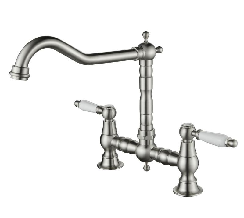 Aquanello Heritage Manor Classic Kitchen Nostalgic Bridge Kitchen Faucet, Stainless Steel with White Handle NB-0010-HM