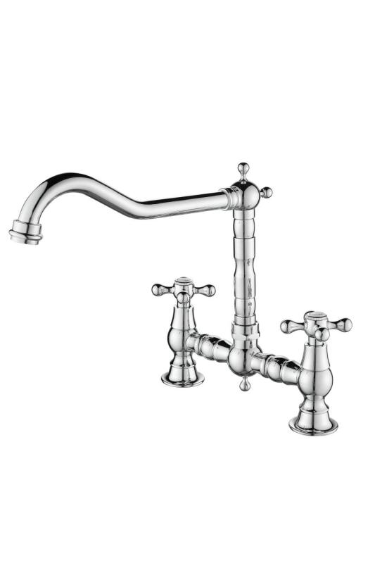 Aquanello Heritage Ascot Classic Kitchen Nostalgic Bridge Kitchen Faucet, Chrome with Cross Handles CR-0011-HM