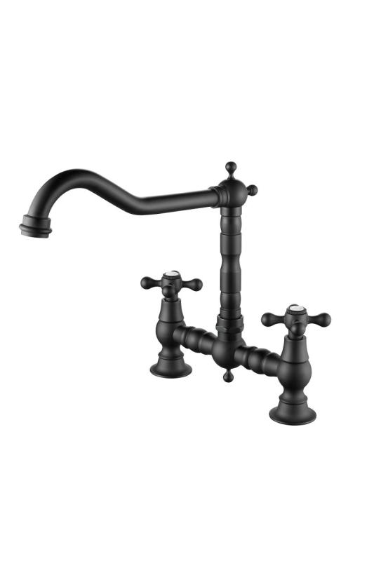 Aquanello Heritage Ascot Classic Kitchen Nostalgic Bridge Kitchen Faucet, Black with Cross Handles BL-0011-HM