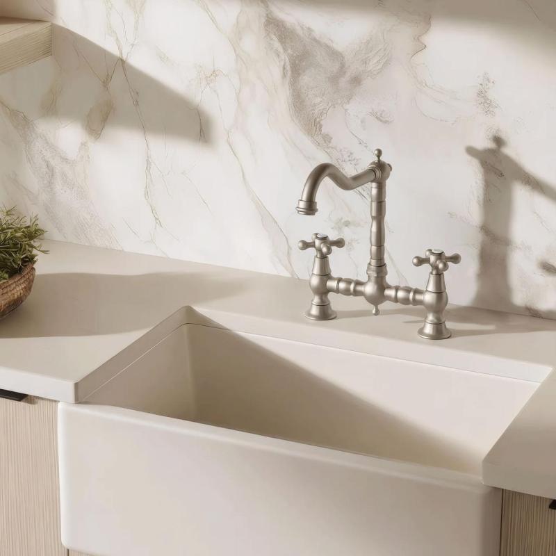 Aquanello Heritage Ascot Classic Kitchen Nostalgic Bridge Kitchen Faucet, Stainless Steel with Cross Handles NB-0011-HM