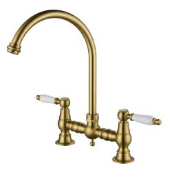Aquanello Heritage Manor Classic Kitchen Nostalgic Bridge Kitchen Faucet, Bronze with White Handle and Round Spout BN-4001-HA