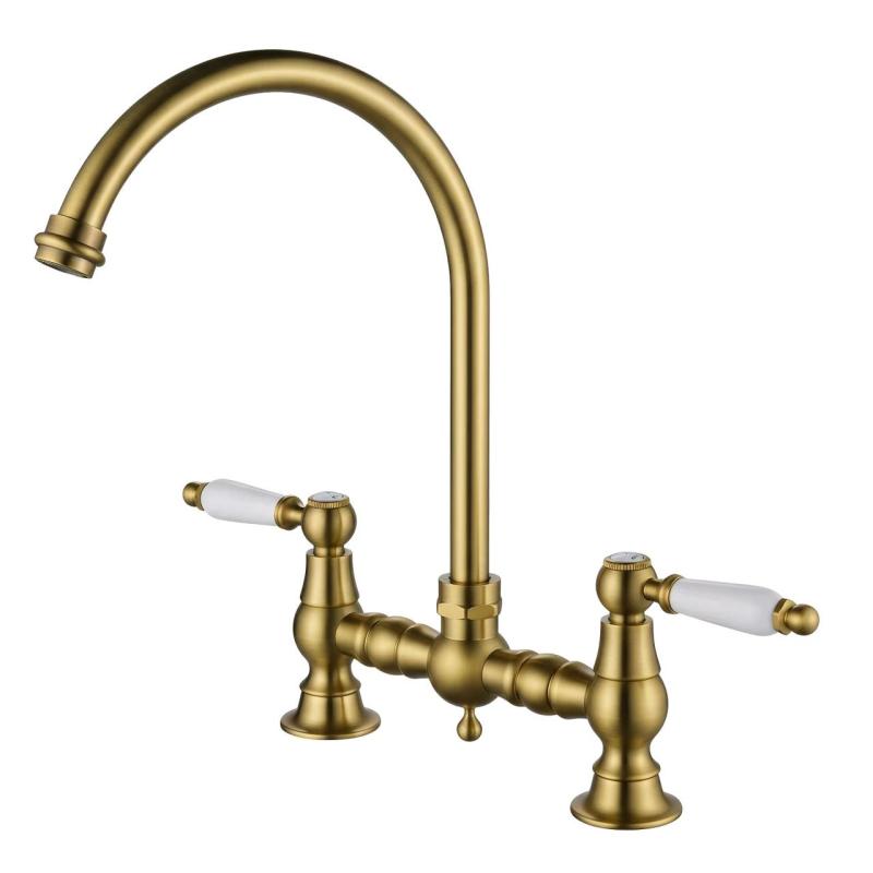 Aquanello Heritage Manor Classic Kitchen Nostalgic Bridge Kitchen Faucet, Bronze with White Handle and Round Spout BN-4001-HA