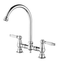 Aquanello Heritage Manor Classic Kitchen Nostalgic Bridge Kitchen Faucet, Chrome with White Handle and Round Spout CR-4001-HA