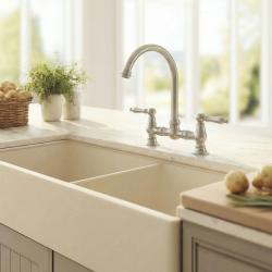 Aquanello Heritage Manor Classic Kitchen Nostalgic Bridge Kitchen Faucet, Chrome with White Handle and Round Spout CR-4001-HA