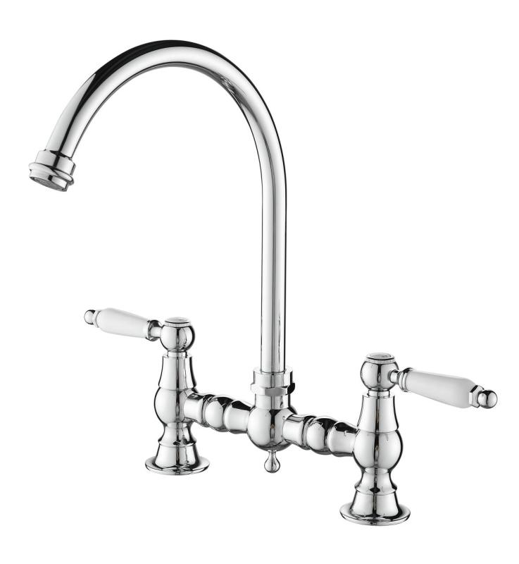 Aquanello Heritage Manor Classic Kitchen Nostalgic Bridge Kitchen Faucet, Chrome with White Handle and Round Spout CR-4001-HA