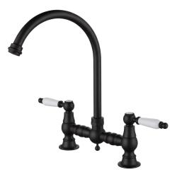 Aquanello Heritage Manor Classic Kitchen Nostalgic Bridge Kitchen Faucet, Black with White Handle and Round Spout BL-4001-HA