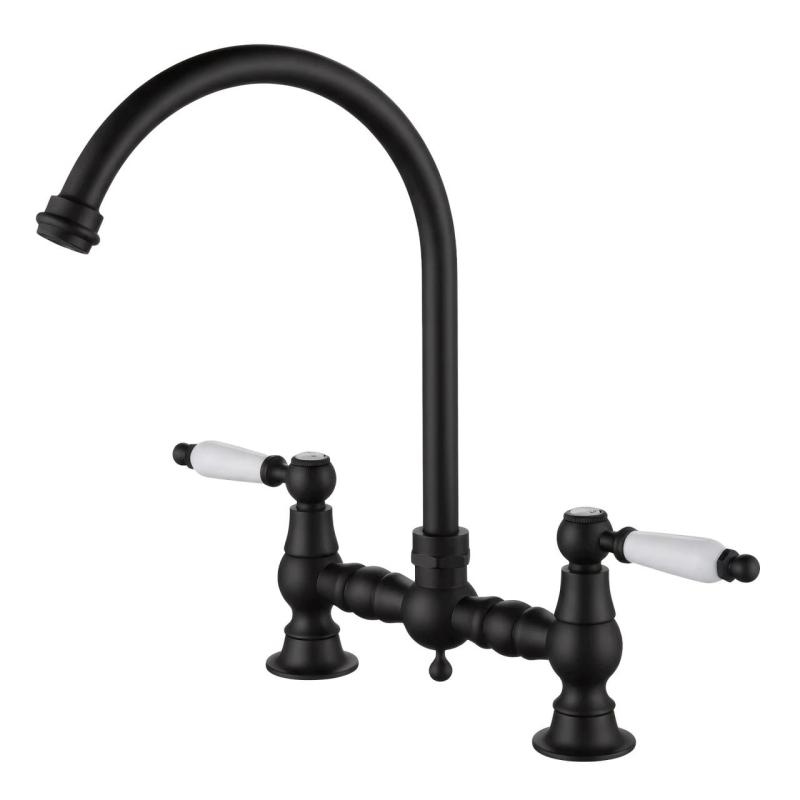 Aquanello Heritage Manor Classic Kitchen Nostalgic Bridge Kitchen Faucet, Black with White Handle and Round Spout BL-4001-HA