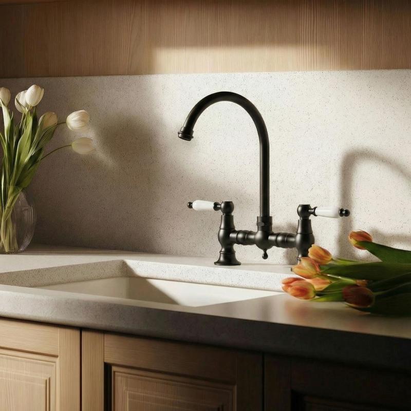 Aquanello Heritage Manor Classic Kitchen Nostalgic Bridge Kitchen Faucet, Black with White Handle and Round Spout BL-4001-HA