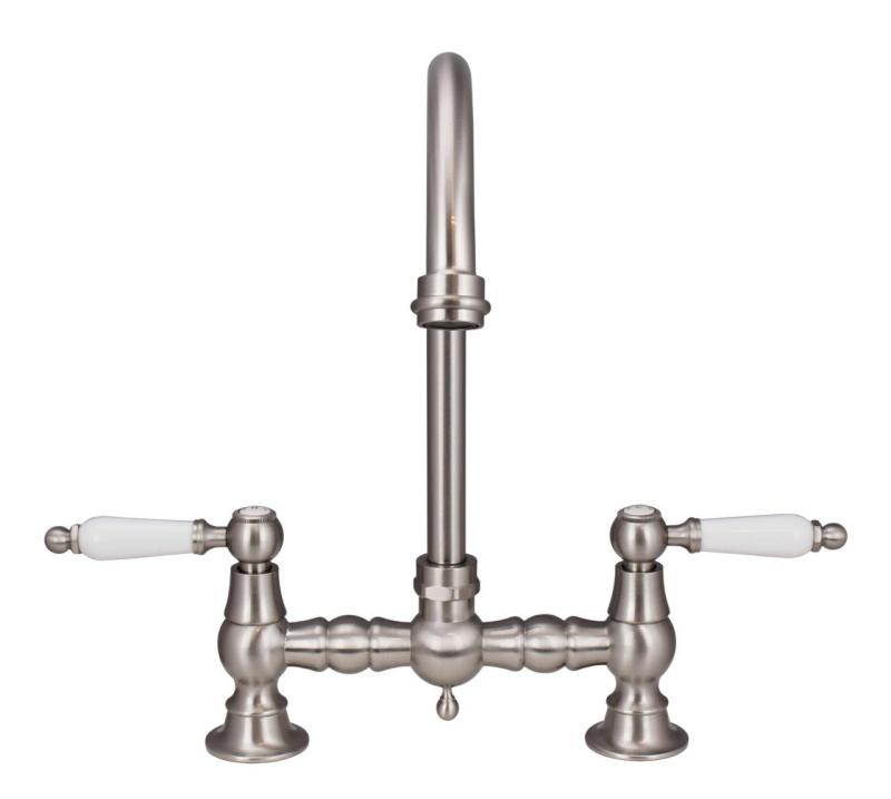 Aquanello Heritage Manor Classic Kitchen Nostalgic Bridge Kitchen Faucet Stainless Steel with White Handle and Round Spout NB-4001-HA