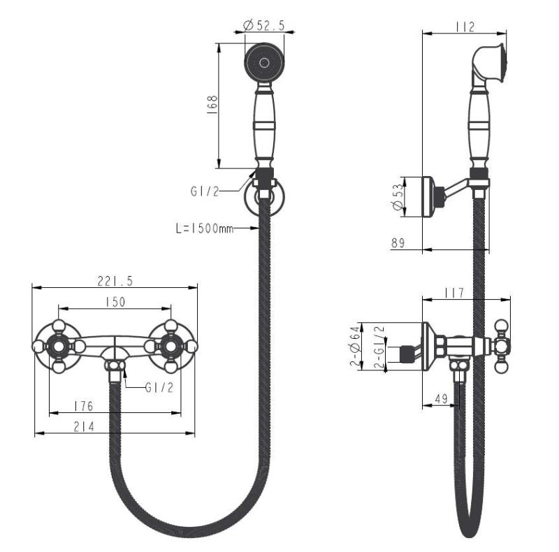 Aquanello Heritage Ascot Classic Surface-Mount Shower Faucet Set with Star Knobs Chrome including Hand Shower CR-2002-HA