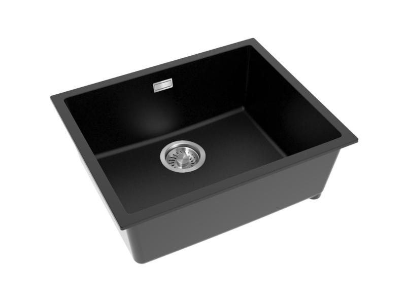 Pure.Sink Eternal Quartz Black Sink 50x40 cm, Flush-Mount and Under-Mount with Stainless Steel Plug