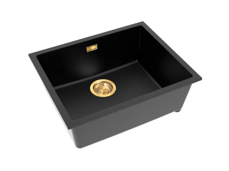 Pure.Sink Eternal Quartz Black Sink 50x40 cm, Flush-Mount and Under-Mount with Gold Drain Plug