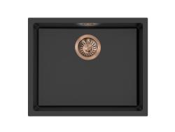 Pure.Sink Eternal Quartz Black Sink 50x40 cm, Flush-Mount and Undermount with Brass Plug