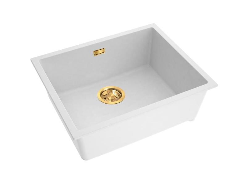 Pure.Sink Eternal Quartz White Sink 50x40 cm, Flush-Mount and Under-Mount with Gold Drain Plug