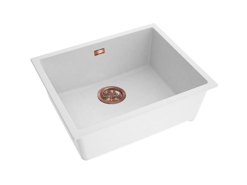 Pure.Sink Eternal Quartz White Sink 50x40 cm, Flush-Mount and Under-Mount with Brass Plug