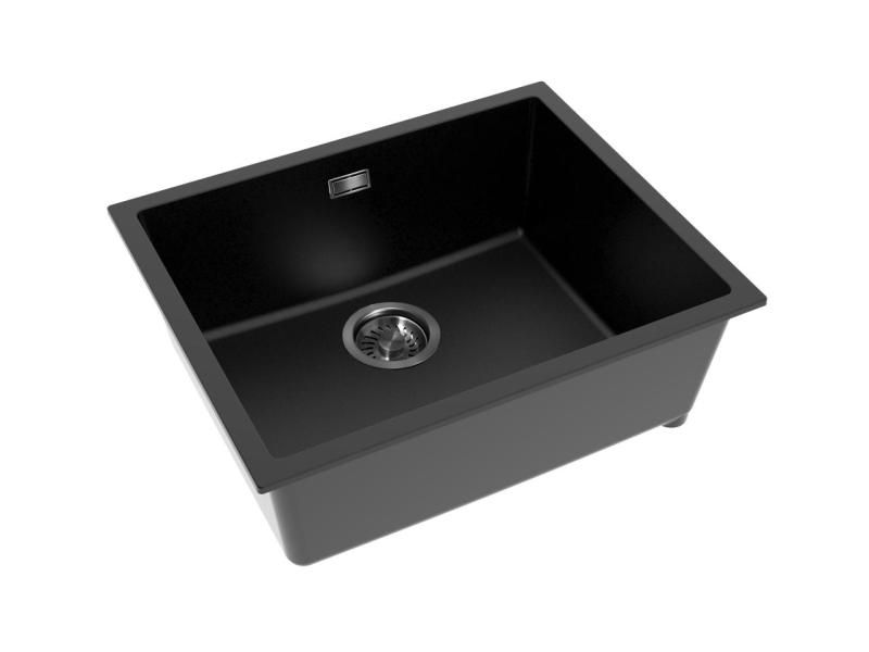 Pure.Sink Eternal Quartz Black Sink 50x40 cm, Flush-Mount and Undermount, with Automatic Gunmetal Plug