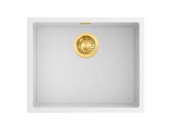 Pure.Sink Eternal Quartz White Sink 50x40 cm, Flush-Mount and Under-Mount with Automatic Gold Plug