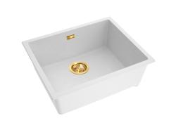 Pure.Sink Eternal Quartz White Sink 50x40 cm, Flush-Mount and Under-Mount with Automatic Gold Plug