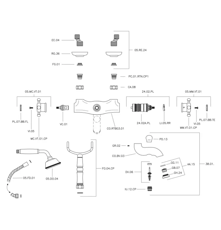 Huber Victorian Thermostatic Bath Mixer with Handshower Chrome VTT3301021
